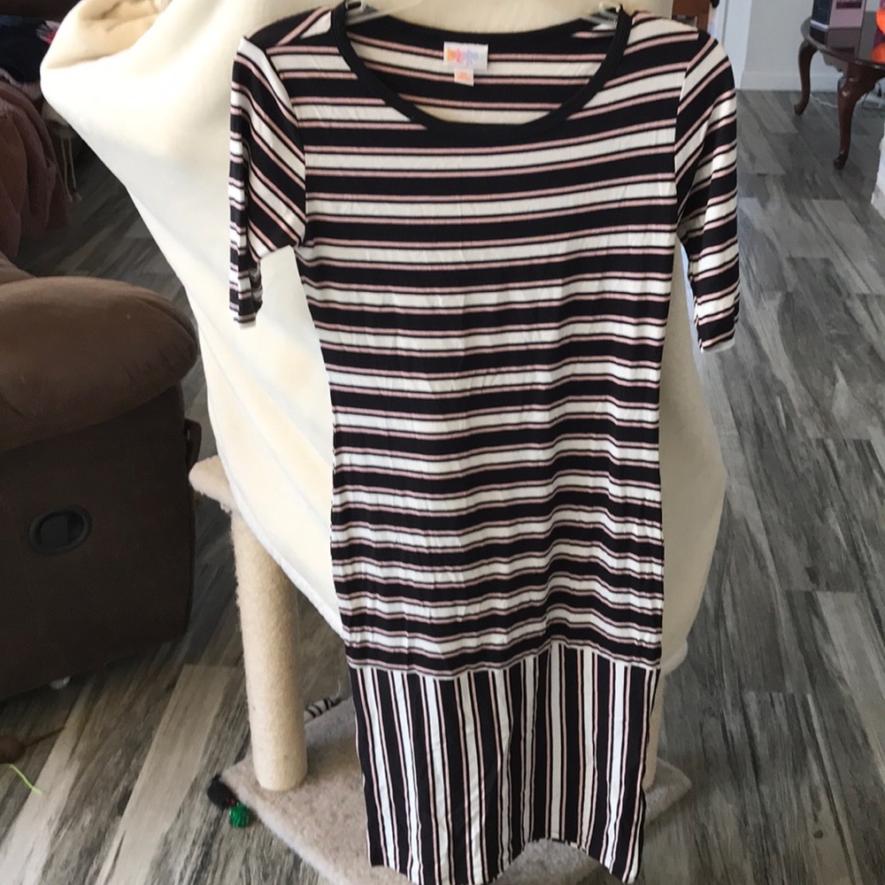 LULAROE PINK, BLACK, WHITE STRIPES DRESS BY SIZE SMALL